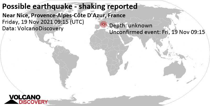 Séisme signalé ou événement semblable à un séisme: 19 km au sud-ouest de Nice, France, vendredi, 19 nov. 2021 10:15 (GMT +1)