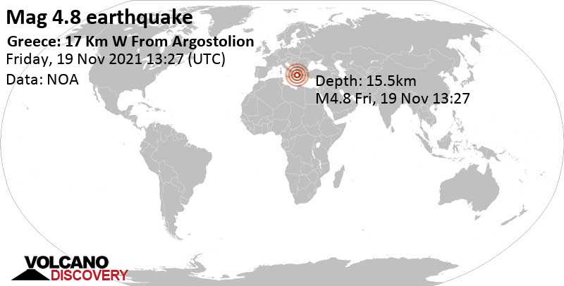 Terremoto moderado mag. 4.8 - 17 km W of Argostoli, Kefallonia Regional Unit, Ionian Islands, Greece, viernes, 19 nov 2021 15:27 (GMT +2)