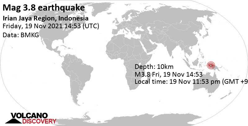 Séisme faible mag. 3.8 - 77 km au nord-est de Nabire, Papua, Indonésie, vendredi, 19 nov. 2021 23:53 (GMT +9)