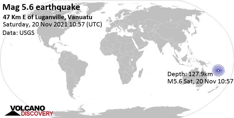 Moderate mag. 5.6 earthquake - Coral Sea, 48 km east of Santo, Luganville, Sanma Province, Vanuatu, on Saturday, Nov 20, 2021 at 9:57 pm (GMT +11)