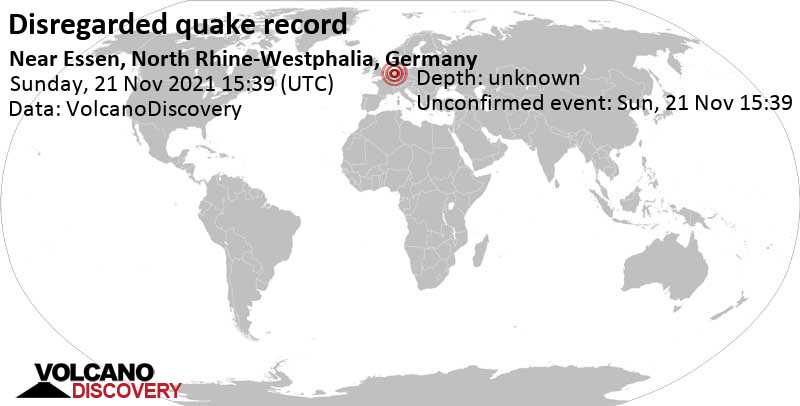 Reported seismic-like event (likely no quake): 0.2 km east of Gladbeck, Germany, Sunday, Nov 21, 2021 at 4:39 pm (GMT +1)