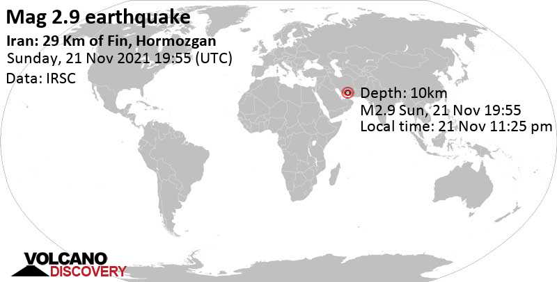 Schwaches Erdbeben Stärke 2.9 - 41 km nördlich von Bandar Abbas, Hormozgan, Iran, am Sonntag, 21. Nov 2021 um 23:25 Lokalzeit