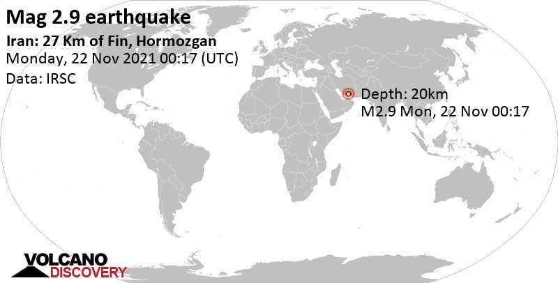 Schwaches Erdbeben Stärke 2.9 - 40 km nordwestlich von Bandar Abbas, Hormozgan, Iran, am Montag, 22. Nov 2021 um 03:47 Lokalzeit