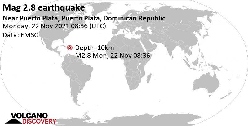 Schwaches Erdbeben Stärke 2.8 - 15 km südlich von San Felipe de Puerto Plata, Dominikanische Republik, am Montag, 22. Nov 2021 um 04:36 Lokalzeit