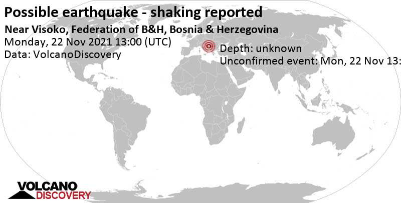 Зарегистрированное землетрясение или сходное с землетрясением событие: 39 km к юго-востоку от Зеница, Босния и Герцеговина, Понедельник, 22 ноя 2021 14:00 (GMT +1)