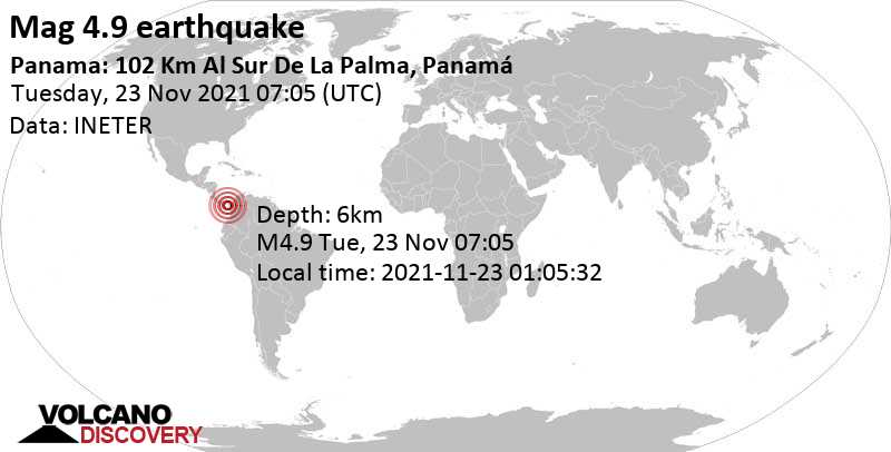 Moderate mag. 4.9 earthquake - 34 km west of Jaqué, Provincia del Darién, Panama, on Tuesday, Nov 23, 2021 at 2:05 am (GMT -5)