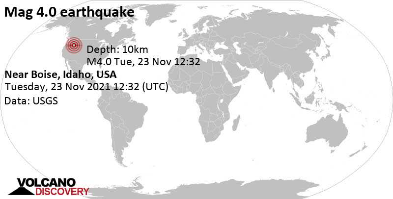 Μέτριος σεισμός μεγέθους 4.0 - 104 km βορειοανατολικά από Μπόιζι, Ada County, Αϊντάχο, Ηνωμένες Πολιτείες, Τρίτη, 23 Νοε 2021 05:32 (GMT -7)
