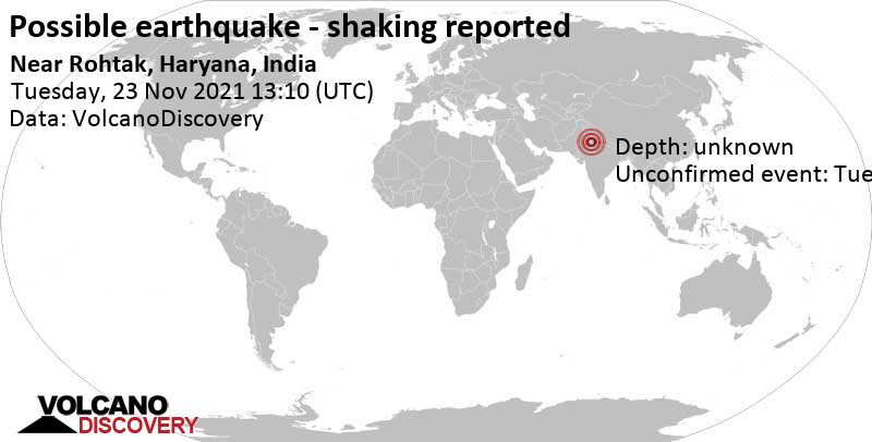 Sismo o evento similar a un terremoto reportado: 4.1 km al noreste de Rohtak, Haryana, India, martes, 23 nov 2021 18:40 (GMT +5:30)