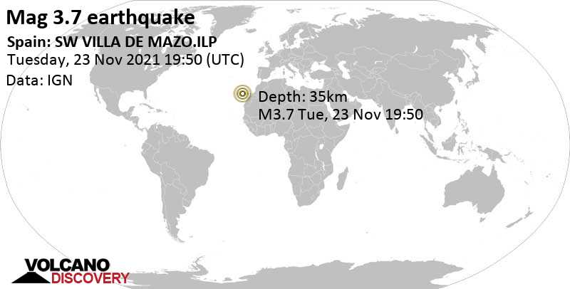 Light mag. 3.7 earthquake - La Palma Island, 13 km southeast of Los Llanos de Aridane, Spain, on Tuesday, Nov 23, 2021 at 7:50 pm (GMT +0)