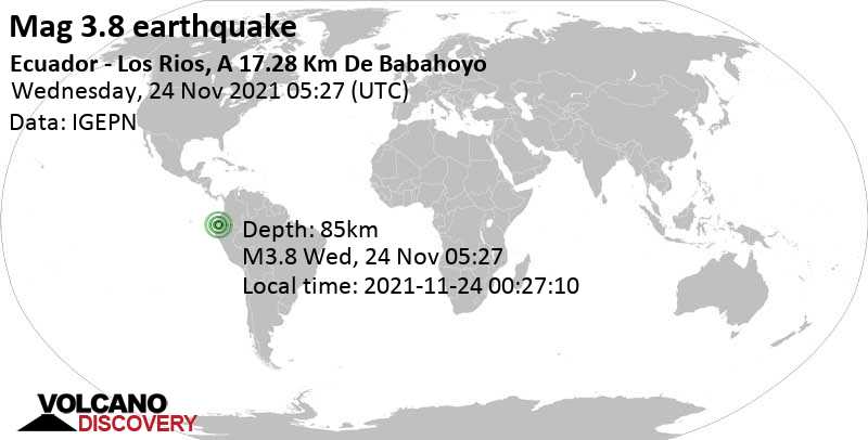 Слабое землетрясение маг. 3.8 - 20 km к востоку от Babahoyo, Provincia de Los Rios, Эквадор, Среда, 24 ноя 2021 00:27 (GMT -5)