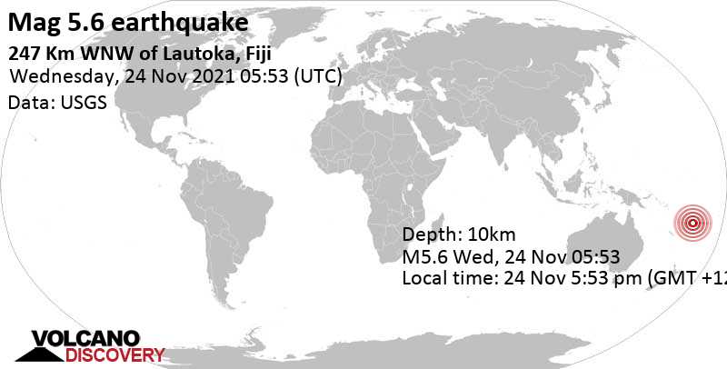 Terremoto forte mag. 5.6 - South Pacific Ocean, 247 km a ovest da Lautoka, Divisione Occidentale, Figi, mercoledì, 24 nov 2021 17:53 (GMT +12)