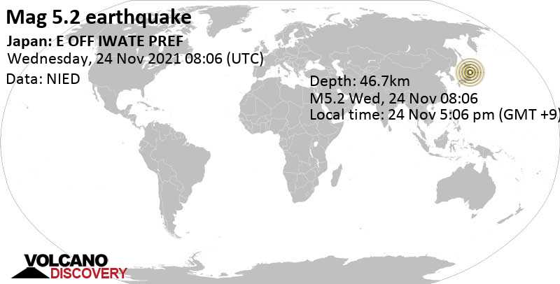 Terremoto moderato mag. 5.2 - North Pacific Ocean, 20 km a est da Kamaishi, Prefettura di Iwate, Giappone, mercoledì, 24 nov 2021 17:06 (GMT +9)