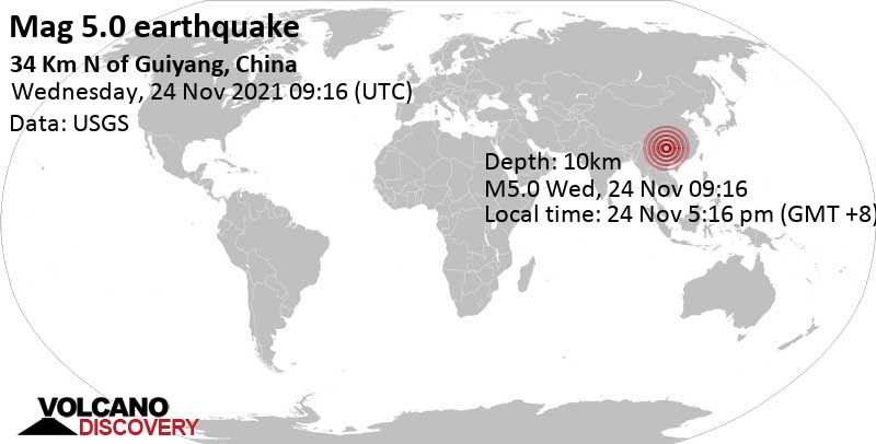 Terremoto forte mag. 5.0 - 35 km a nord da Guiyang, Guizhou, Cina, mercoledì, 24 nov 2021 17:16 (GMT +8)
