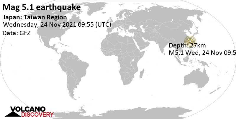Terremoto moderato mag. 5.1 - Philippine Sea, Giappone, 86 km a est da Hualien City, Taiwan, mercoledì, 24 nov 2021 17:55 (GMT +8)