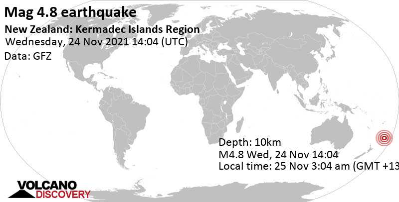 Terremoto moderato mag. 4.8 - South Pacific Ocean, Nuova Zelanda, giovedì, 25 nov 2021 03:04 (GMT +13)