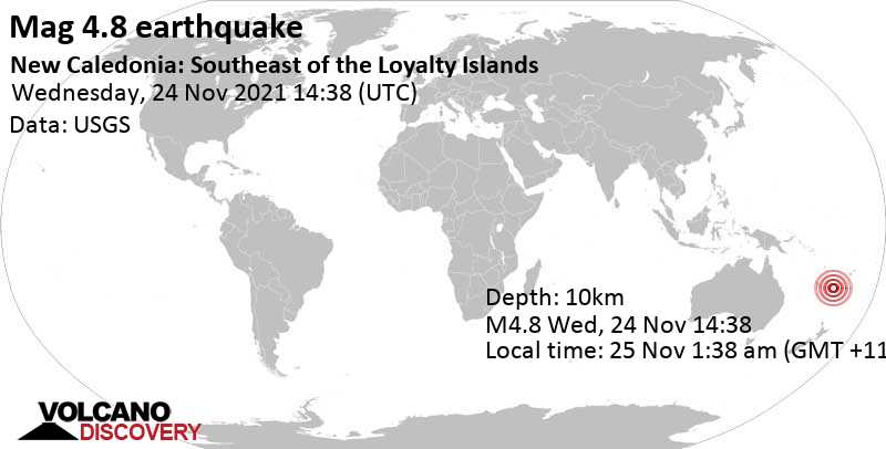 Terremoto moderado mag. 4.8 - South Pacific Ocean, New Caledonia, jueves, 25 nov 2021 01:38 (GMT +11)
