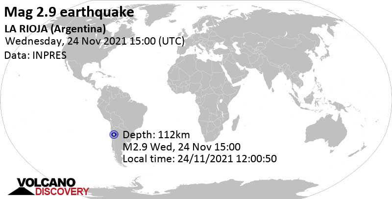Minor mag. 2.9 earthquake - 51 km northwest of Vinchina, La Rioja, Argentina, on Wednesday, Nov 24, 2021 at 12:00 pm (GMT -3)