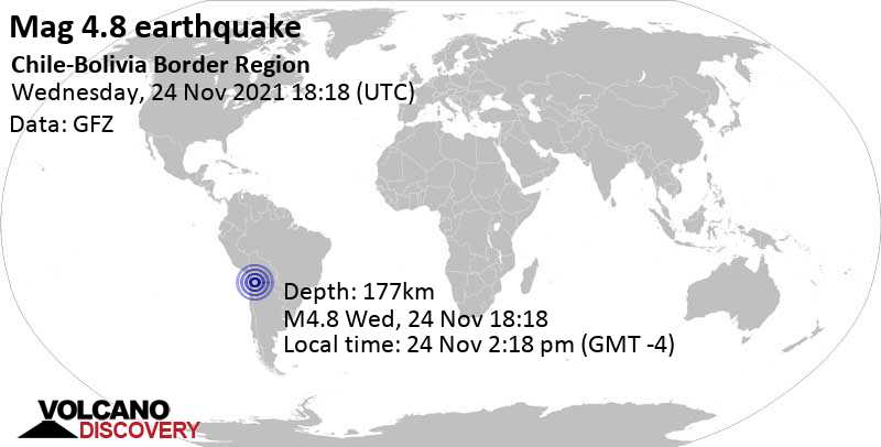 Light mag. 4.8 earthquake - 272 km southwest of Ciudad Potosi, Departamento de Potosi, Bolivia, on Wednesday, Nov 24, 2021 at 2:18 pm (GMT -4)