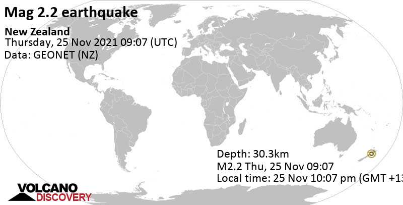 Sehr schwaches Beben Stärke 2.2 - Tasman Sea, 48 km westlich von Palmerston North, Manawatu-Wanganui, Neuseeland, am Donnerstag, 25. Nov 2021 um 22:07 Lokalzeit