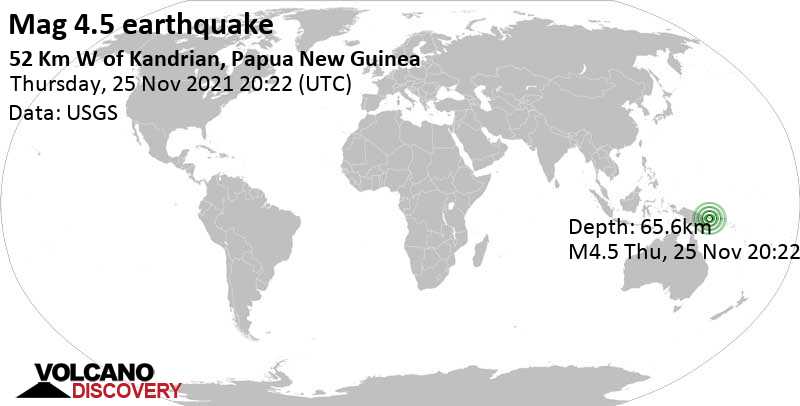 Leichtes Erdbeben der Stärke 4.5 - Solomon Sea, 44 km westlich von Kandrian, Papua-Neuguinea, am Freitag, 26. Nov 2021 um 06:22 Lokalzeit