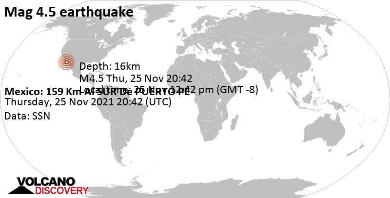 Moderate mag. 4.5 earthquake - 159 km south of Puerto Peñasco, Sonora, Mexico, on Thursday, Nov 25, 2021 at 12:42 pm (GMT -8)