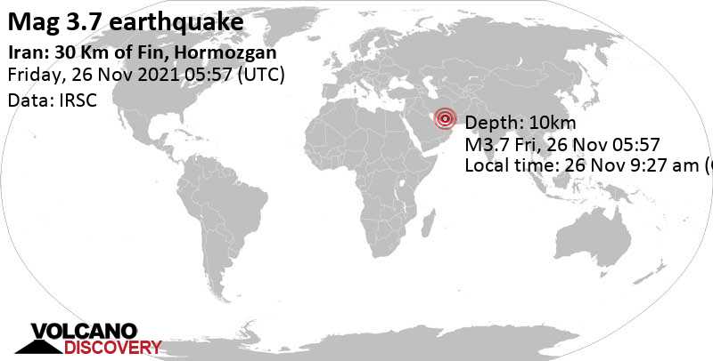 Light mag. 3.7 earthquake - 51 km north of Bandar Abbas, Hormozgan, Iran, on Friday, Nov 26, 2021 at 9:27 am (GMT +3:30)