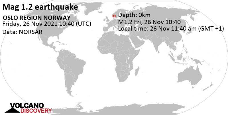 Μικρός σεισμός μεγέθους 1.2 - OSLO REGION NORWAY, Παρασκευή, 26 Νοε 2021 11:40 (GMT +1)