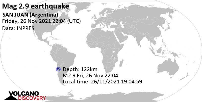 Minor mag. 2.9 earthquake - Atacama, Chile, on Friday, Nov 26, 2021 at 7:04 pm (GMT -3)