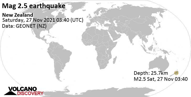 Sehr schwaches Beben Stärke 2.5 - 23 km südöstlich von Palmerston North, Manawatu-Wanganui, Neuseeland, am Samstag, 27. Nov 2021 um 16:40 Lokalzeit