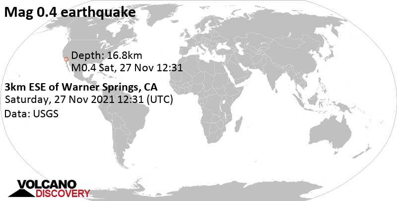 Minor mag. 0.4 earthquake - 3km ESE of Warner Springs, CA, on Saturday, Nov 27, 2021 at 4:31 am (GMT -8)