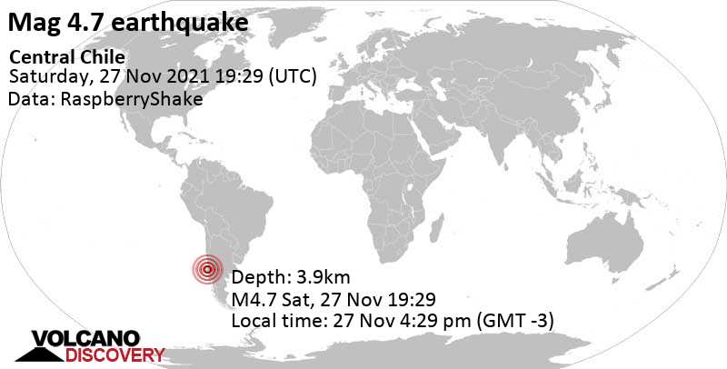 Умеренное землетрясение маг. 4.7 - 0.9 km к западу от Laja, Biobio, Чили, Суббота, 27 ноя 2021 16:29 (GMT -3)