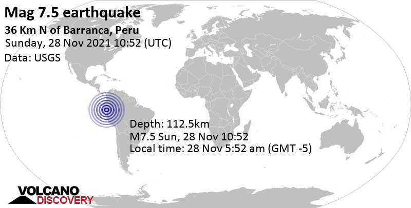 Tremblement de terre majeur magnitude 7.5 - 43 km au nord-ouest de Barranca, Datem del Marañon, Région de Loreto, Pérou, dimanche, 28 nov. 2021 05:52 (GMT -5)