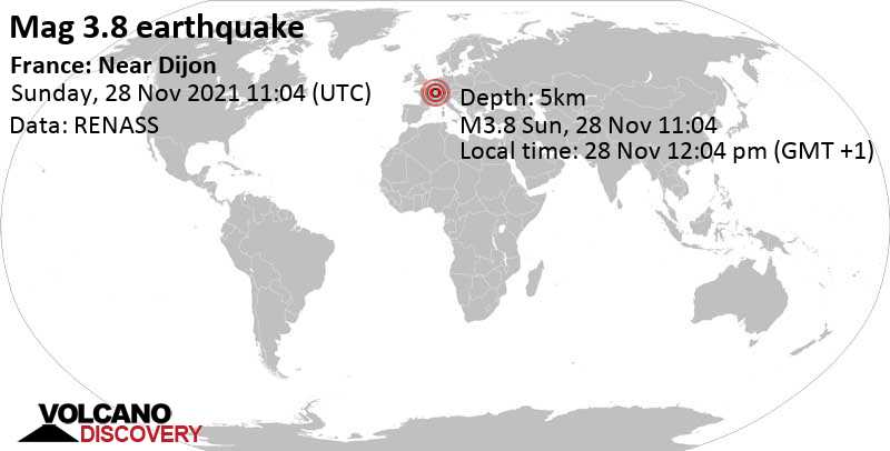 Moderate mag. 3.8 earthquake - Grand Est, 47 km west of Vesoul, Haute-Saône, Bourgogne-Franche-Comté, France, on Sunday, Nov 28, 2021 at 12:04 pm (GMT +1)
