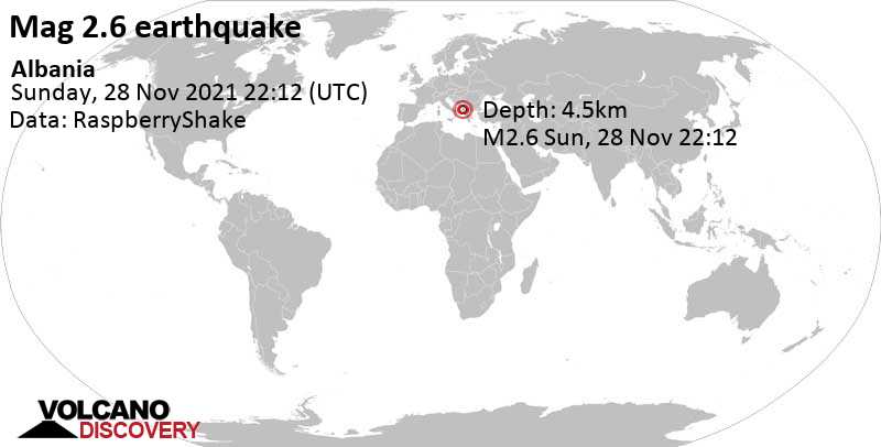 Слабое землетрясение маг. 2.6 - 14 km к северу от Эльбасан, Qarku i Elbasanit, Албания, Воскресенье, 28 ноя 2021 23:12 (GMT +1)