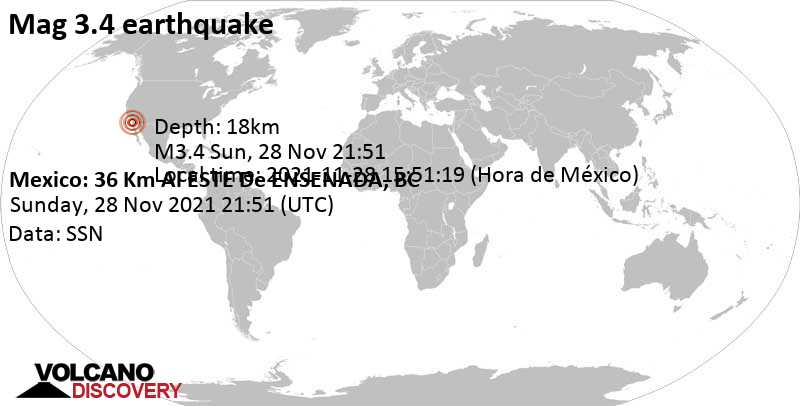 Ελαφρύς σεισμός μεγέθους 3.4 - 35 km ανατολικά από Ensenada, Baja California, Μεξικό, Κυριακή, 28 Νοε 2021 13:51 (GMT -8)
