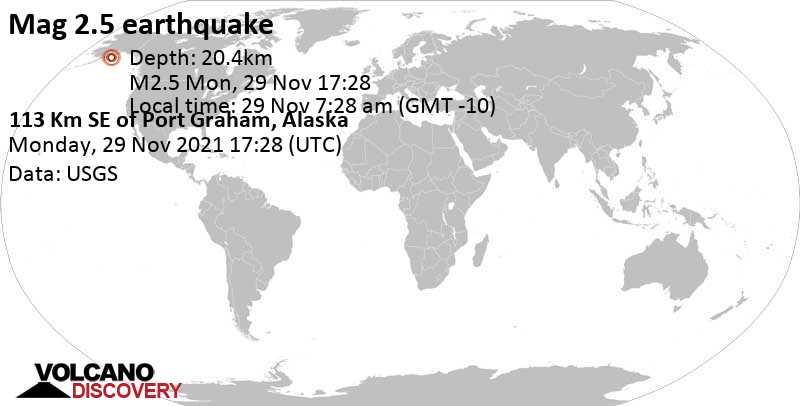 Schwaches Erdbeben Stärke 2.5 - 113 Km SE of Port Graham, Alaska, am Montag, 29. Nov 2021 um 07:28 Lokalzeit