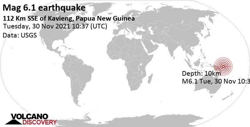 Terremoto muy fuerte magnitud 6.1 - Bismarck Sea, 132 km NW of Kokopo, East New Britain Province, Papua New Guinea, martes, 30 nov 2021 20:37 (GMT +10)