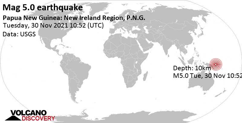 Strong mag. 5.0 earthquake - Bismarck Sea, 176 km northwest of Kokopo, Papua New Guinea, on Tuesday, Nov 30, 2021 at 8:52 pm (GMT +10)