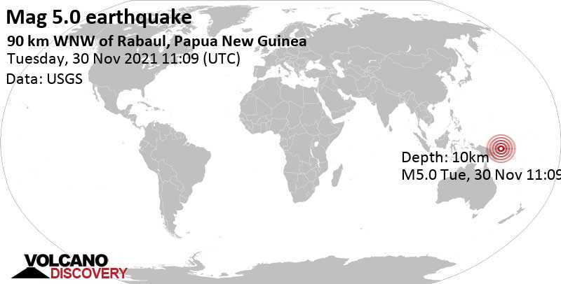 Strong mag. 5.0 earthquake - Bismarck Sea, 95 km northwest of Kokopo, Papua New Guinea, on Tuesday, Nov 30, 2021 at 9:09 pm (GMT +10)