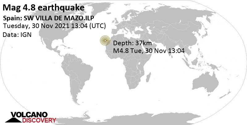 Moderate mag. 4.8 earthquake - La Palma Island, 13 km southeast of Los Llanos de Aridane, Spain, on Tuesday, Nov 30, 2021 at 1:04 pm (GMT +0)