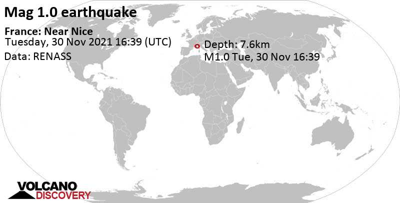 Незначительное землетрясение маг. 1.0 - France: Near Nice, Вторник, 30 ноя 2021 17:39 (GMT +1)