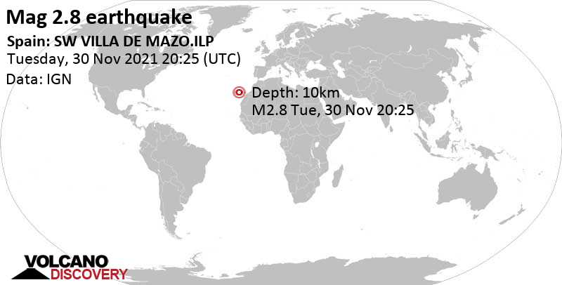 Weak mag. 2.8 earthquake - La Palma Island, 15 km southeast of Los Llanos de Aridane, Spain, on Tuesday, Nov 30, 2021 at 8:25 pm (GMT +0)