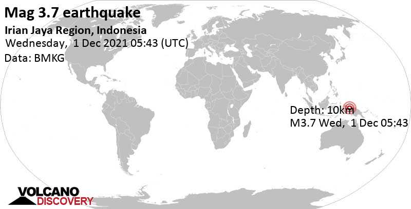 Слабое землетрясение маг. 3.7 - South Pacific Ocean, 98 km к северо-востоку от Nabire, Индонезия, Среда,  1 дек 2021 14:43 (GMT +9)