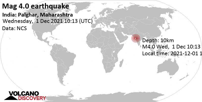 Terremoto moderato mag. 4.0 - 31 km a est da Dahanu, Maharashtra, India, mercoledì,  1 dic 2021 15:43 (GMT +5:30)