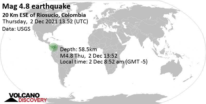 Ελαφρύς σεισμός μεγέθους 4.8 - Departamento del Choco, 42 km νοτιοδυτικά από Chigorodo, Κολομβία, Πέμπτη,  2 Δεκ 2021 08:52 (GMT -5)