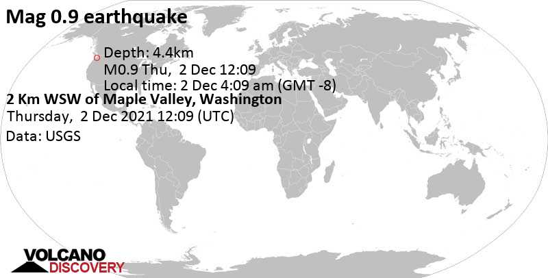 Sehr schwaches Beben Stärke 0.9 - 2 Km WSW of Maple Valley, Washington, am Donnerstag,  2. Dez 2021 um 04:09 Lokalzeit