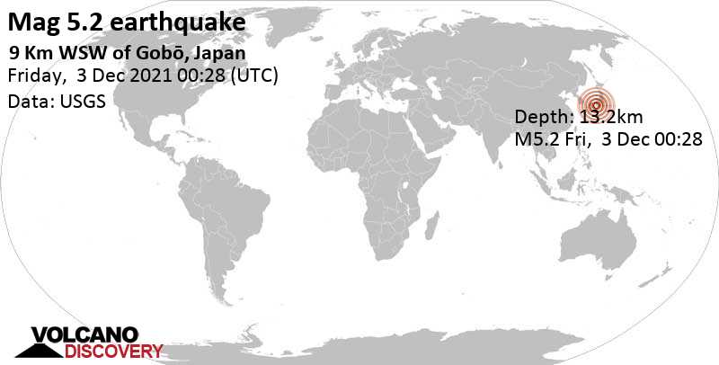 Fuerte terremoto magnitud 5.2 - Philippine Sea, 44 km S of Wakayama, Japan, viernes,  3 dic 2021 09:28 (GMT +9)