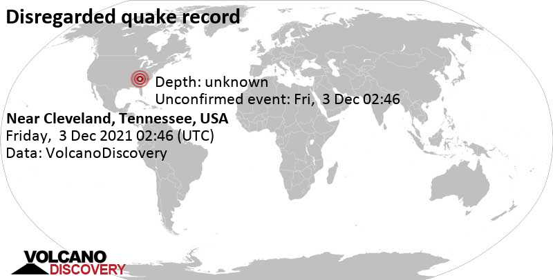 Événement inconnu (à l\'origine signalé comme tremblement de terre): 29 km à l\'est de Cleveland, Comté de Bradley County, Tennessee, États-Unis, jeudi,  2 déc. 2021 21:46 (GMT -5)