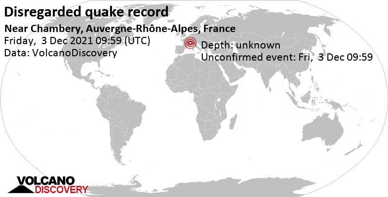 Rivisto come sismo che non ha avuto luogo: magnitudo 3.0, 0.5 km a sud-est da Chambéry, Savoie, Alvernia-Rodano-Alpi, Francia, venerdì,  3 dic 2021 10:59 (GMT +1)