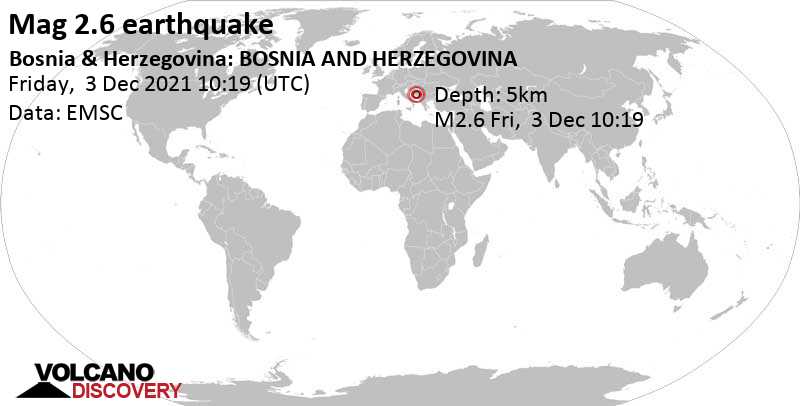 Αδύναμος σεισμός μεγέθους 2.6 - 32 km νότια από Μόσταρ, Βοσνία - Ερζεγοβίνη, Παρασκευή,  3 Δεκ 2021 11:19 (GMT +1)